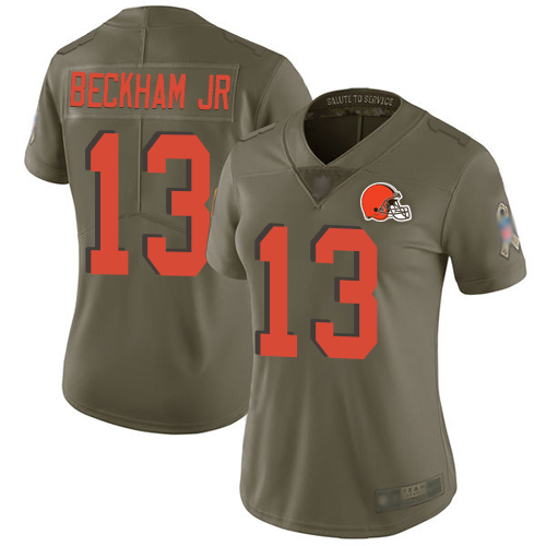 Cleveland Browns Odell Beckham Jr Women Olive Limited Jersey #13 NFL Football 2017 Salute To Service->women nfl jersey->Women Jersey